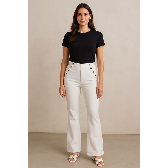 Slim Flare White Sailor Pants with Gold Button Detail Women’s Size 6 - Picture 3 of 7